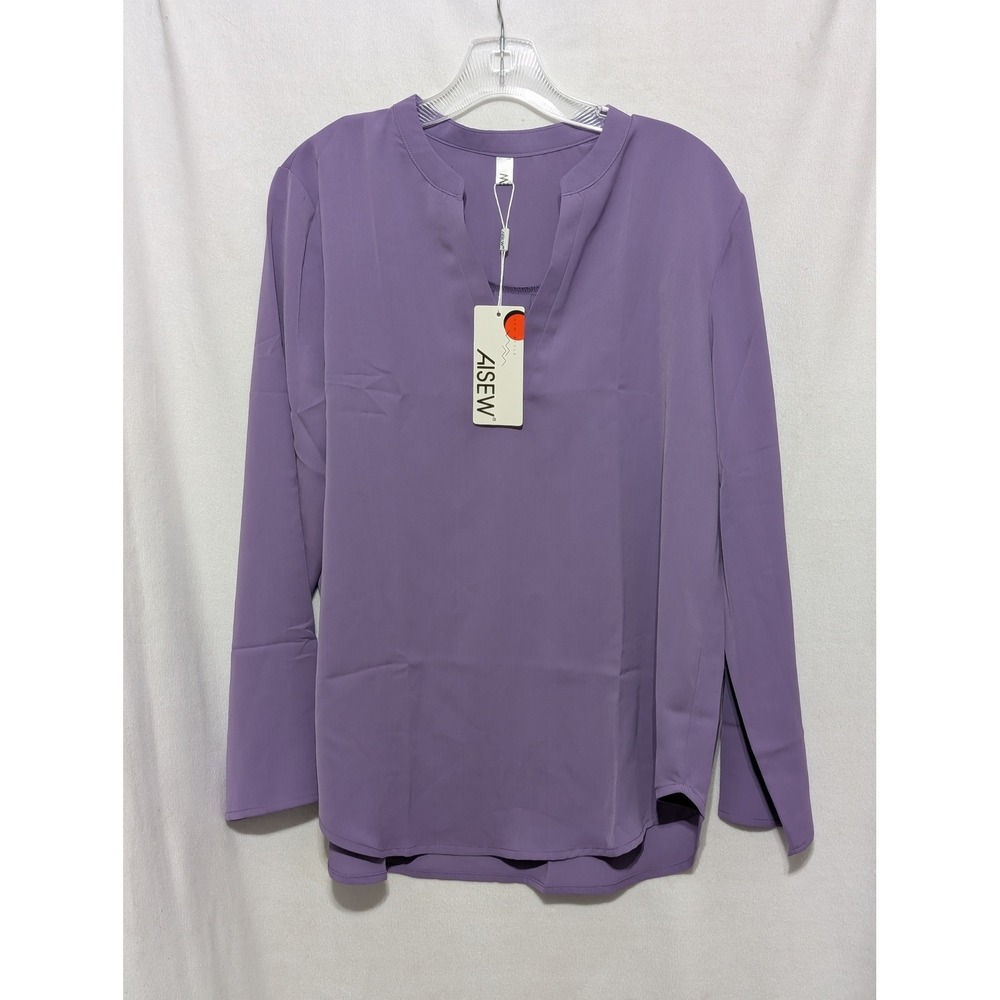 Aisew Purple Long Sleeve V Neck Roll Tab Blouse Top Womens Large NWT